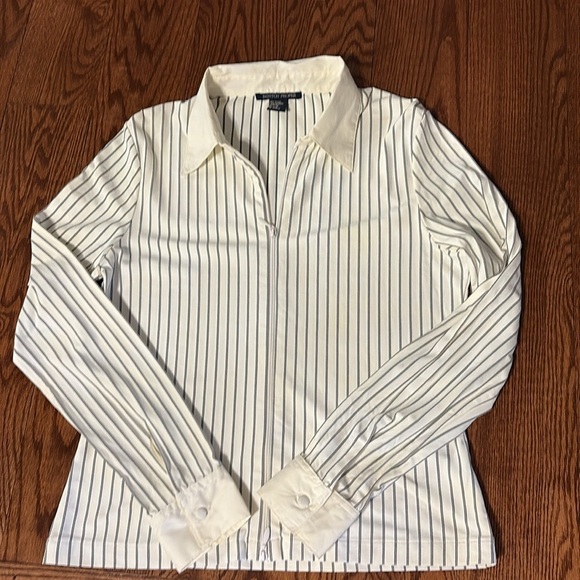 Boston Proper white striped STRETCH 2 way ZIPPED shirt jacket lightweight Med - Picture 10 of 14